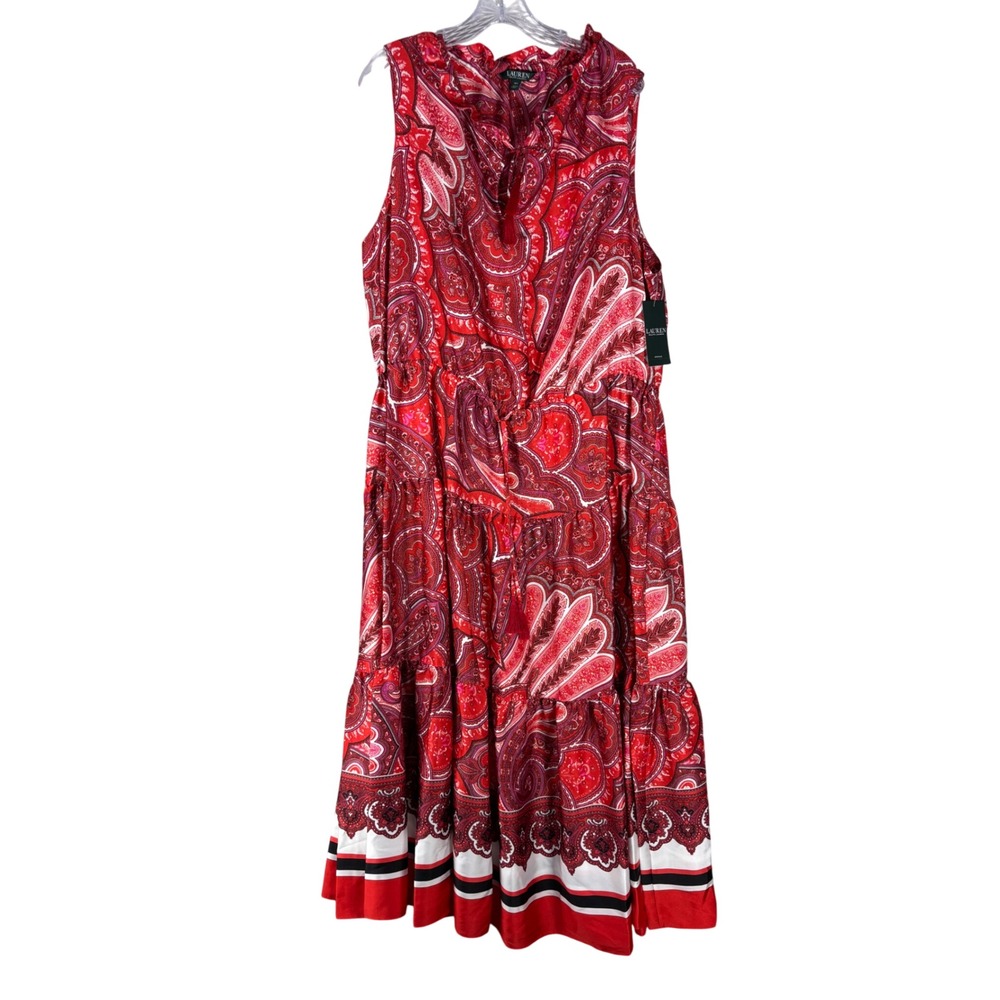 Lauren Ralph Lauren Red Paisley Tiered Maxi Dress Sleeveless 18W NEW